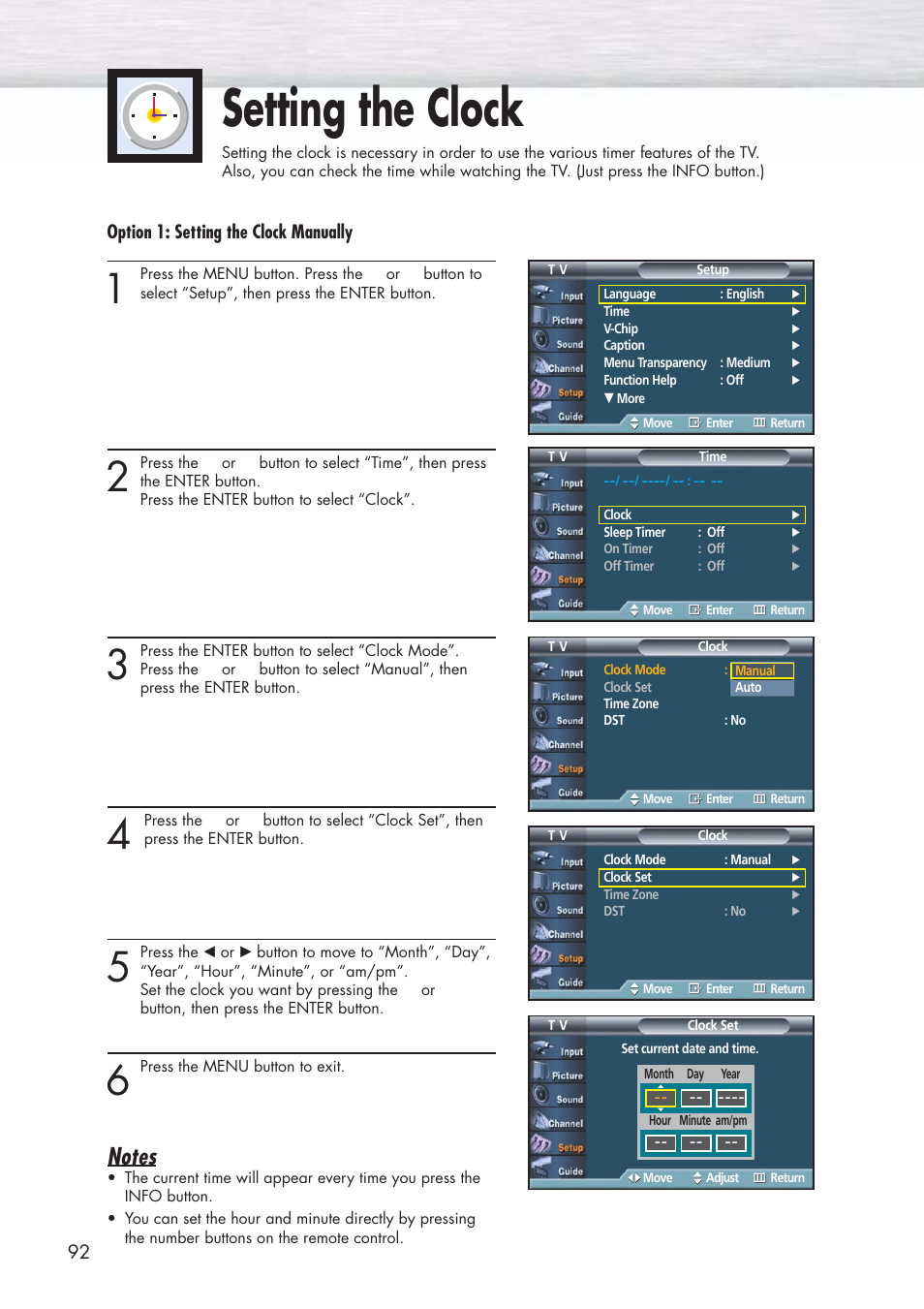 Setting the clock, Option 1: setting the clock manually | Samsung HPP5581X-XAA User Manual | Page 92 / 128