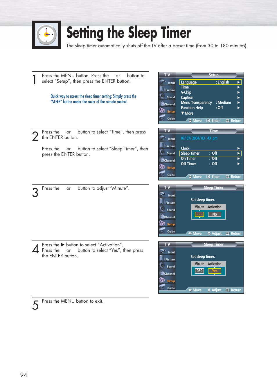 Setting the sleep timer | Samsung HPP5581X-XAA User Manual | Page 94 / 128