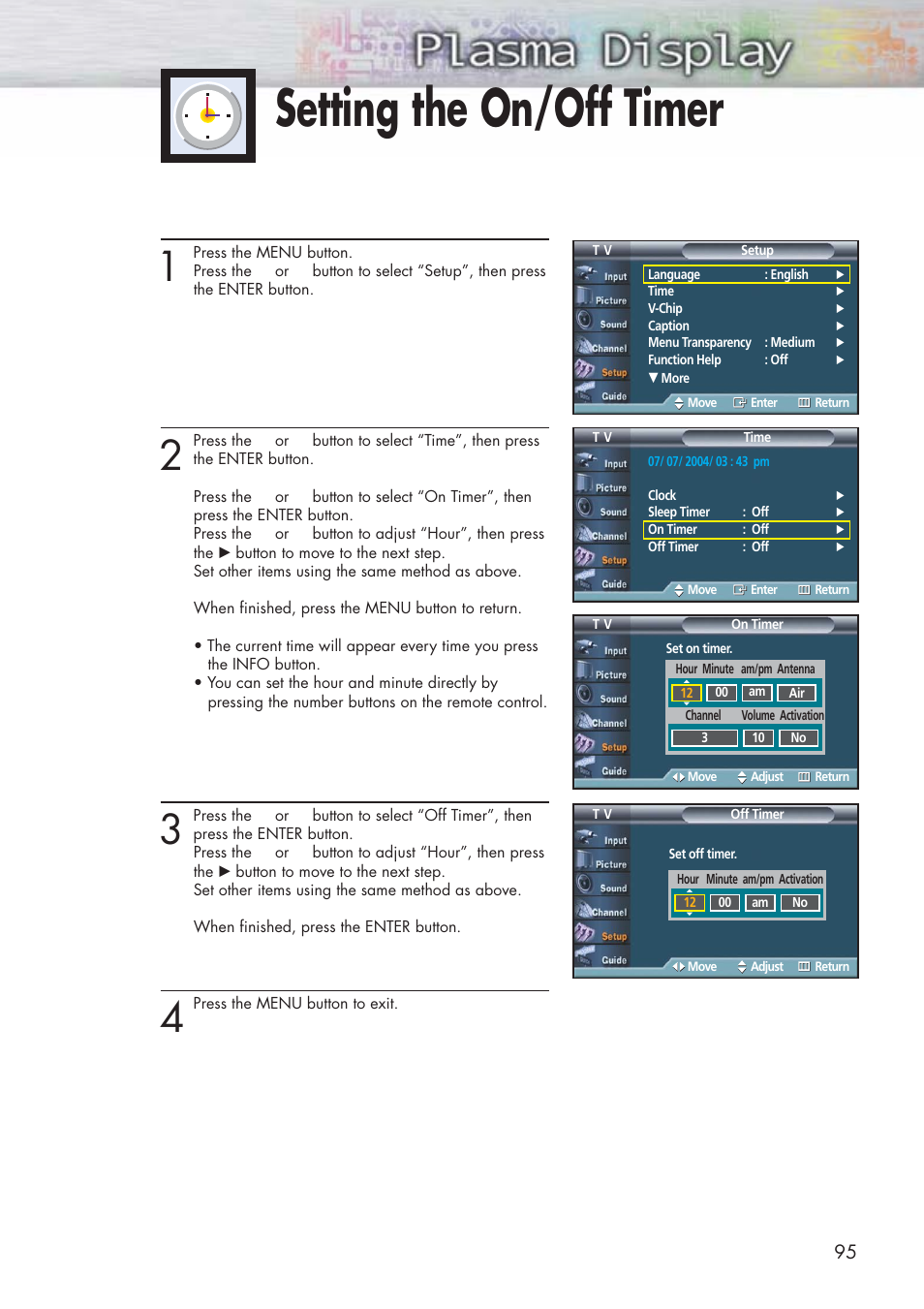 Setting the on/off timer | Samsung HPP5581X-XAA User Manual | Page 95 / 128