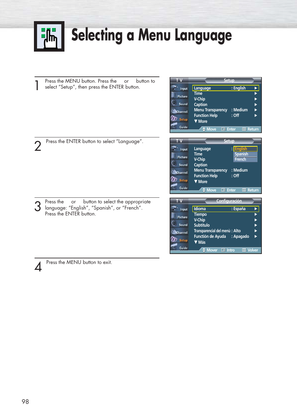 Selecting a menu language | Samsung HPP5581X-XAA User Manual | Page 98 / 128