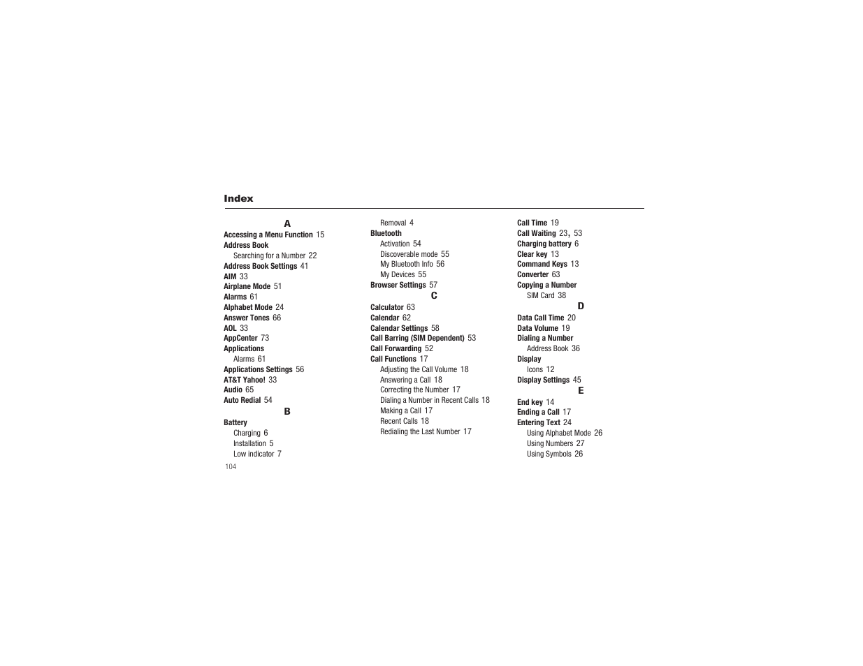 Index | Samsung SGH-A197ZKAATT User Manual | Page 108 / 110