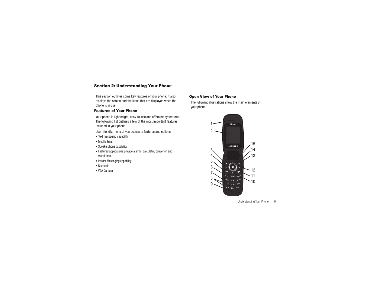 Section 2: understanding your phone, Features of your phone, Open view of your phone | Features of your phone open view of your phone | Samsung SGH-A197ZKAATT User Manual | Page 13 / 110