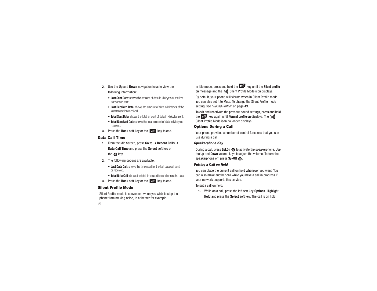 Data call time, Silent profile mode, Options during a call | Silent profile mode options during a call | Samsung SGH-A197ZKAATT User Manual | Page 24 / 110