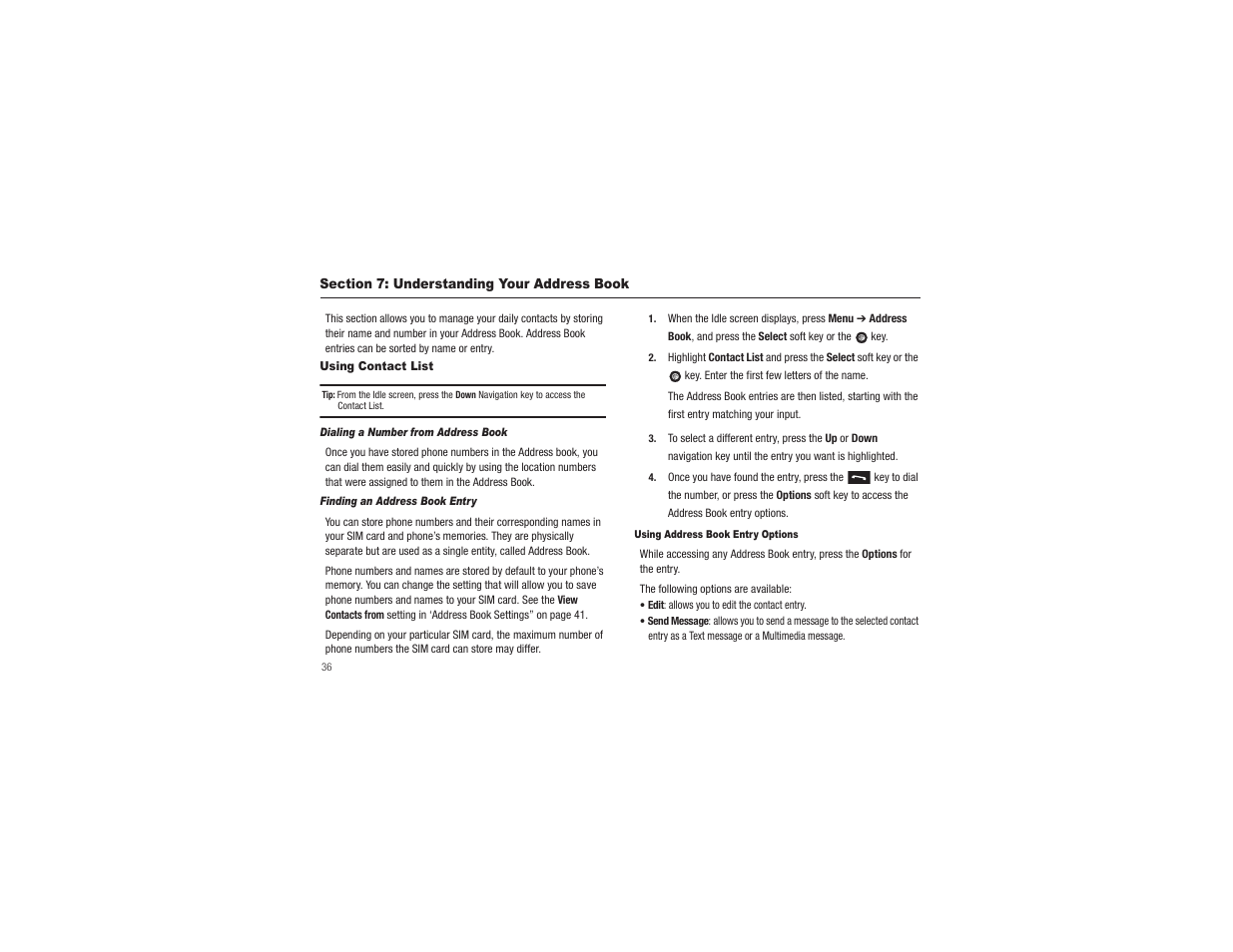 Section 7: understanding your address book, Using contact list | Samsung SGH-A197ZKAATT User Manual | Page 40 / 110