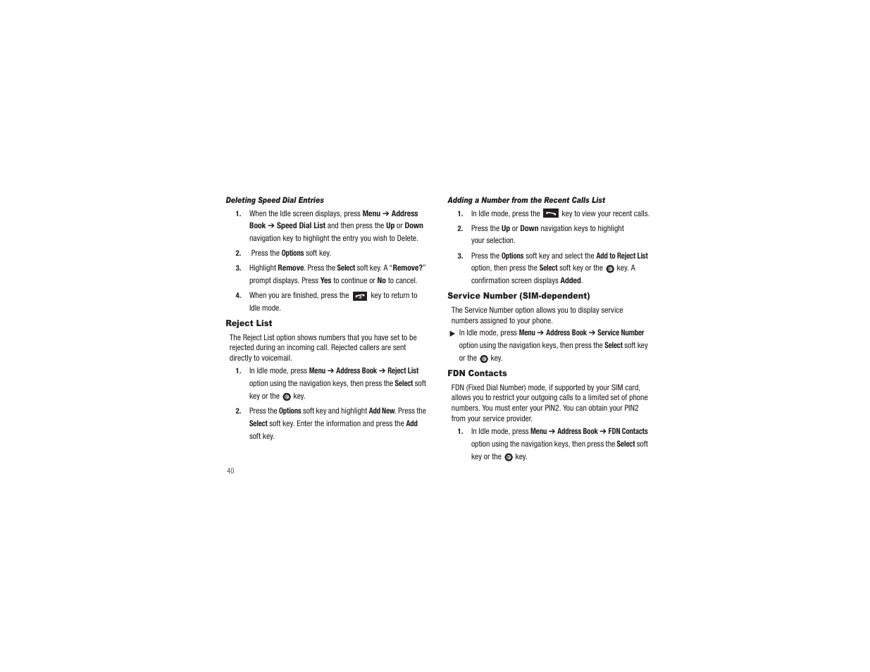 Reject list, Service number (sim-dependent), Fdn contacts | Samsung SGH-A197ZKAATT User Manual | Page 44 / 110