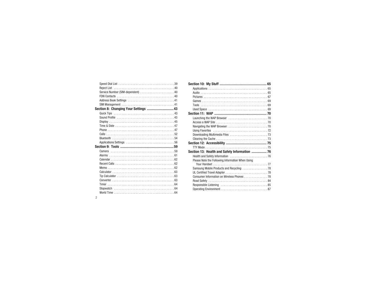 Section 8: changing your settings 43, Section 9: tools 59, Section 10: my stuff 65 | Section 11: wap 70, Section 12: accessibility 75, Section 13: health and safety information 76 | Samsung SGH-A197ZKAATT User Manual | Page 6 / 110