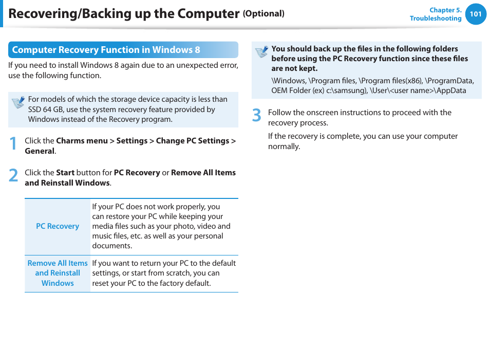 Recovering/backing up the computer | Samsung NP355V5C-S01US User Manual | Page 102 / 140