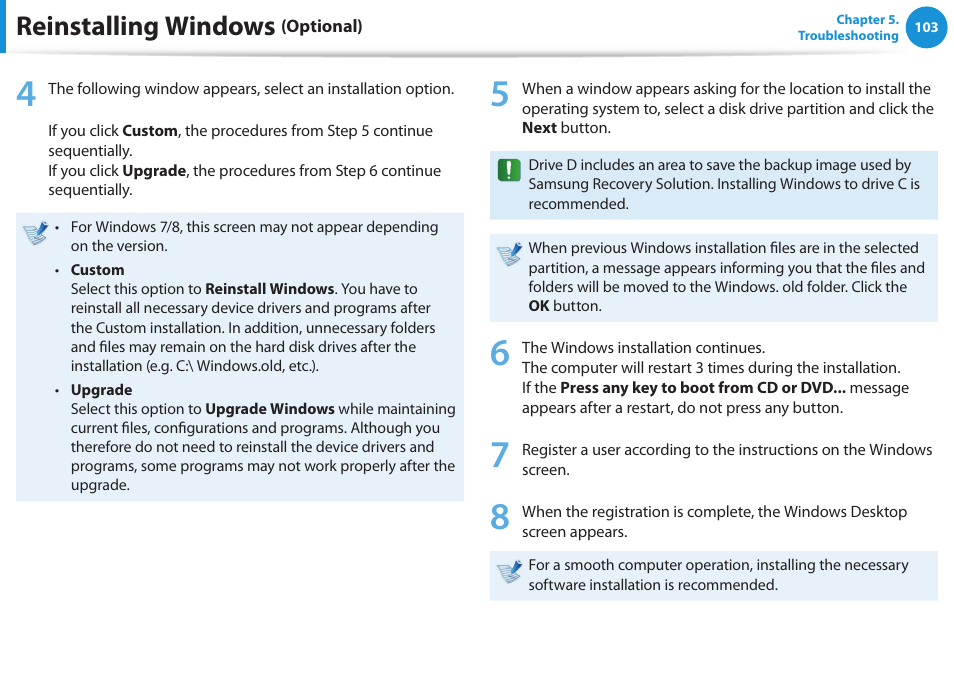 Reinstalling windows | Samsung NP355V5C-S01US User Manual | Page 104 / 140