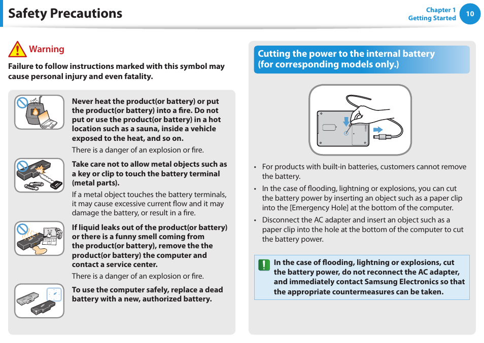 Safety precautions | Samsung NP355V5C-S01US User Manual | Page 11 / 140