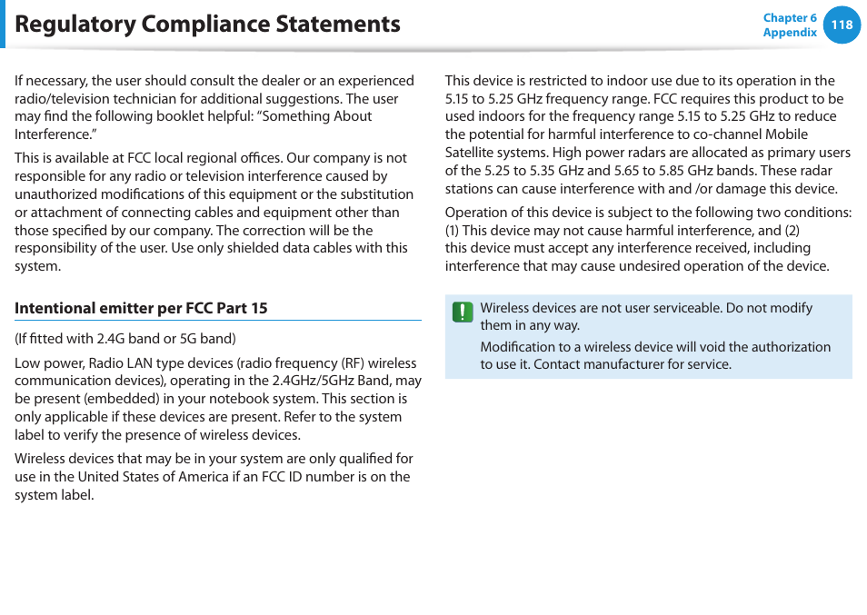 Regulatory compliance statements | Samsung NP355V5C-S01US User Manual | Page 119 / 140