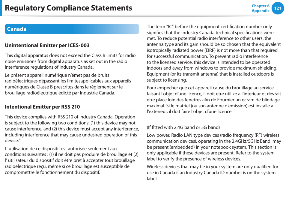 Regulatory compliance statements | Samsung NP355V5C-S01US User Manual | Page 122 / 140