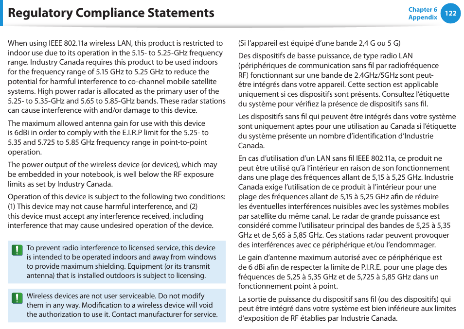 Regulatory compliance statements | Samsung NP355V5C-S01US User Manual | Page 123 / 140