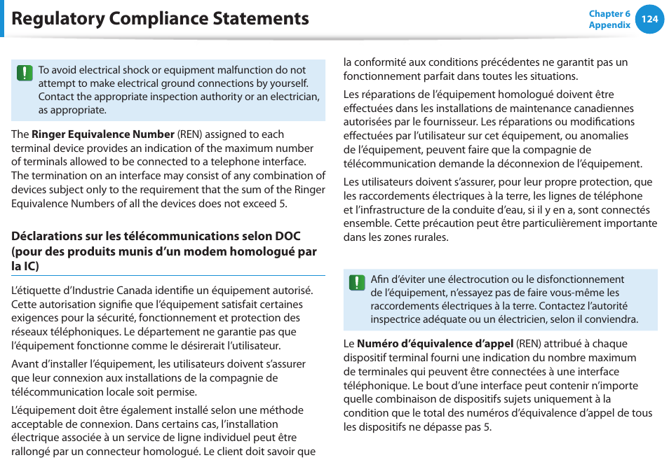 Regulatory compliance statements | Samsung NP355V5C-S01US User Manual | Page 125 / 140