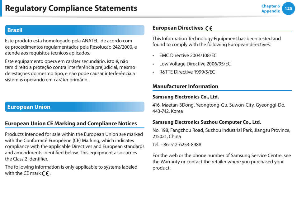 Regulatory compliance statements | Samsung NP355V5C-S01US User Manual | Page 126 / 140