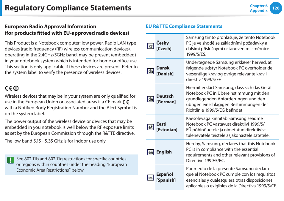 Regulatory compliance statements | Samsung NP355V5C-S01US User Manual | Page 127 / 140