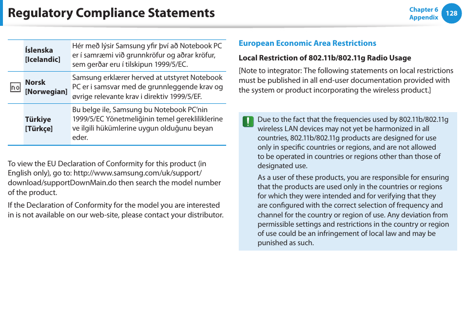 Regulatory compliance statements | Samsung NP355V5C-S01US User Manual | Page 129 / 140