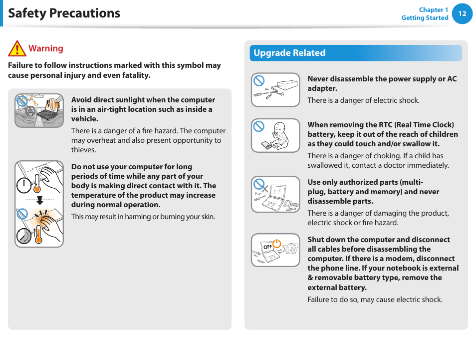 Safety precautions, Upgrade related, Warning | Samsung NP355V5C-S01US User Manual | Page 13 / 140