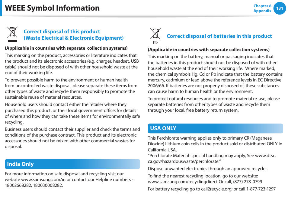 Weee symbol information, India only, Usa only | Samsung NP355V5C-S01US User Manual | Page 132 / 140