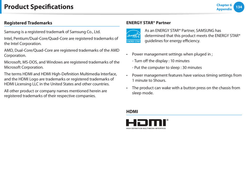 Product specifications | Samsung NP355V5C-S01US User Manual | Page 135 / 140