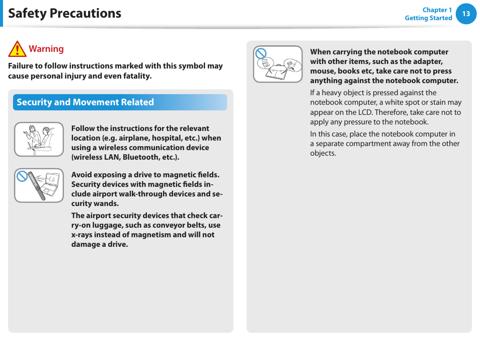 Safety precautions | Samsung NP355V5C-S01US User Manual | Page 14 / 140