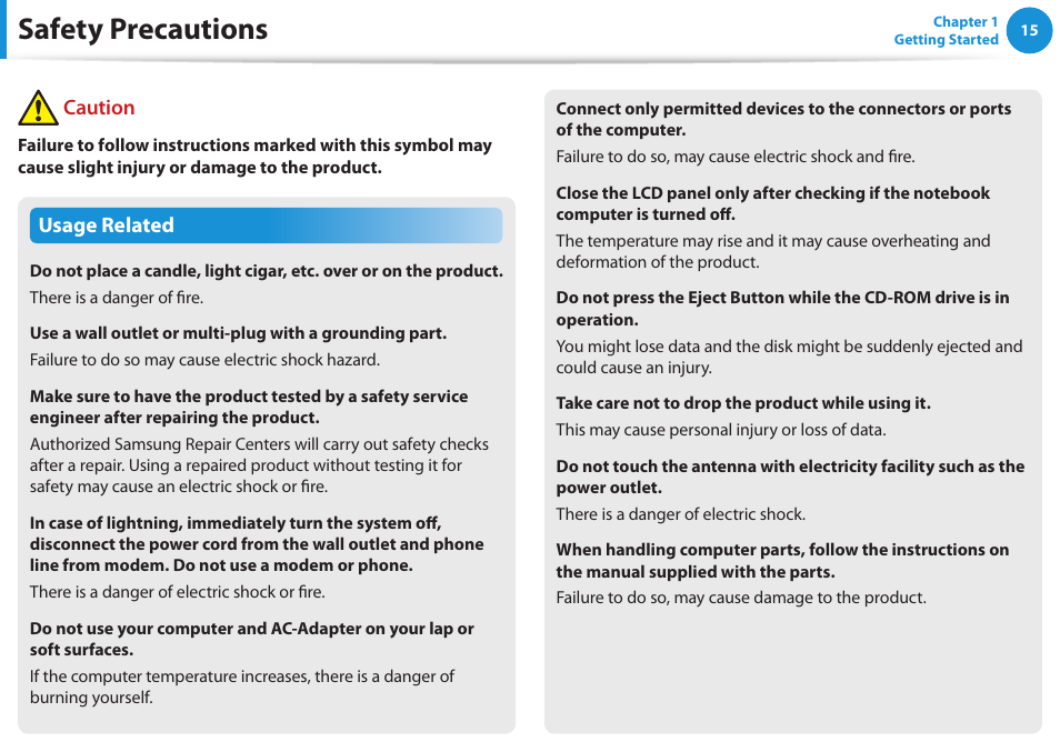 Safety precautions, Usage related, Caution | Samsung NP355V5C-S01US User Manual | Page 16 / 140