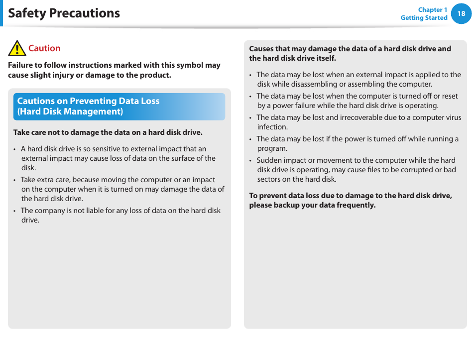 Safety precautions, Caution | Samsung NP355V5C-S01US User Manual | Page 19 / 140