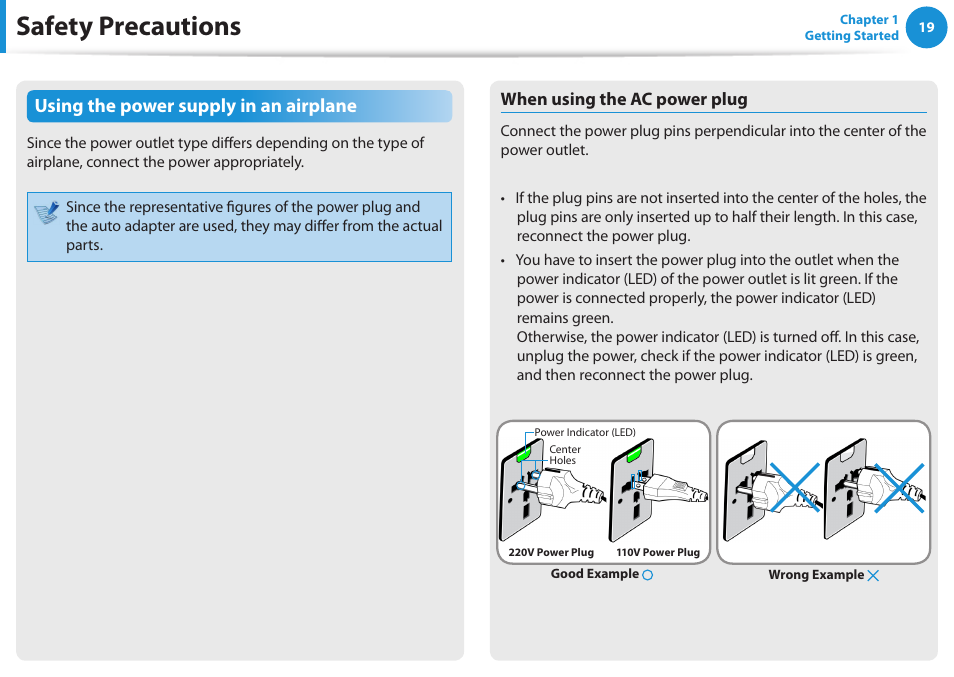 Safety precautions, Using the power supply in an airplane | Samsung NP355V5C-S01US User Manual | Page 20 / 140