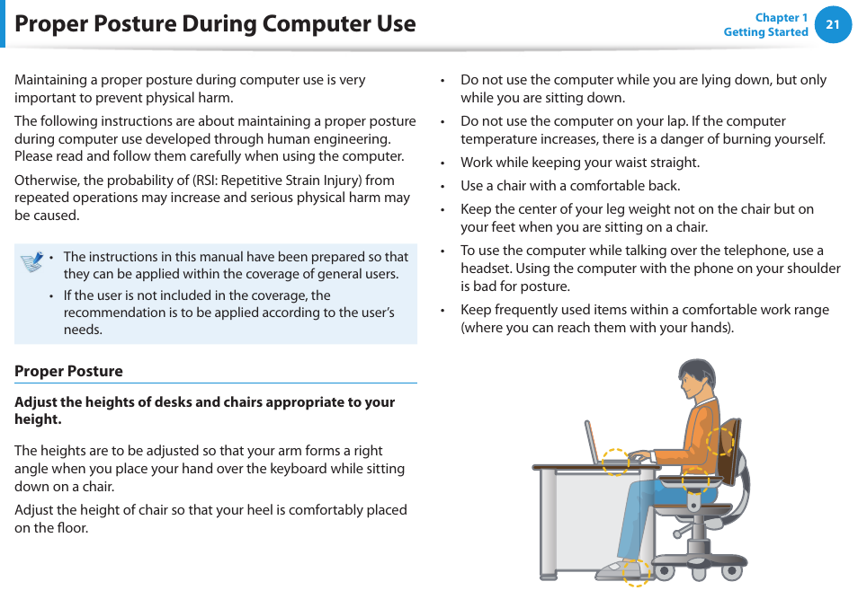 Proper posture during computer use | Samsung NP355V5C-S01US User Manual | Page 22 / 140