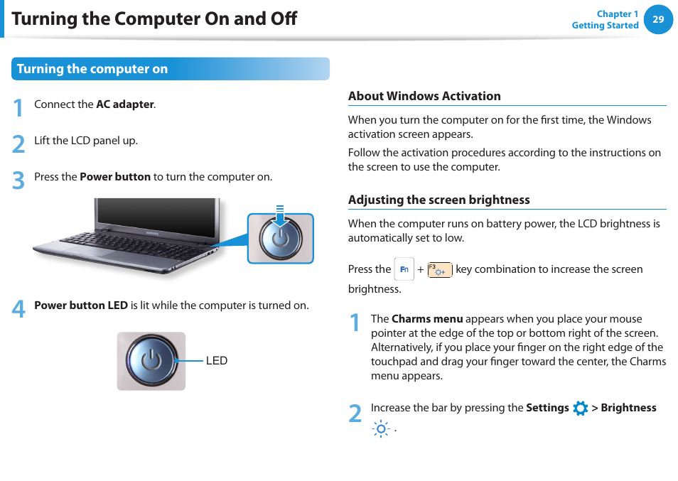 Turning the computer on and off | Samsung NP355V5C-S01US User Manual | Page 30 / 140