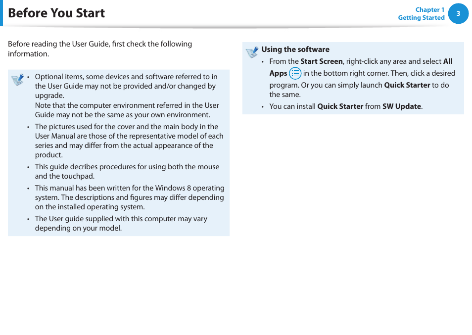 Before you start | Samsung NP355V5C-S01US User Manual | Page 4 / 140