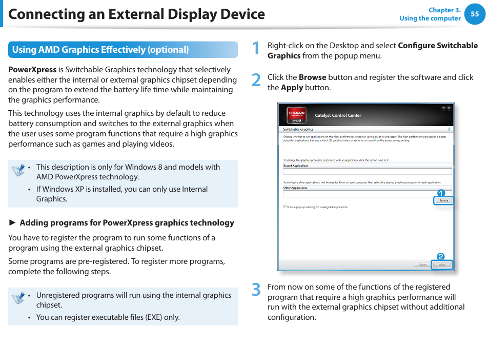 Connecting an external display device | Samsung NP355V5C-S01US User Manual | Page 56 / 140