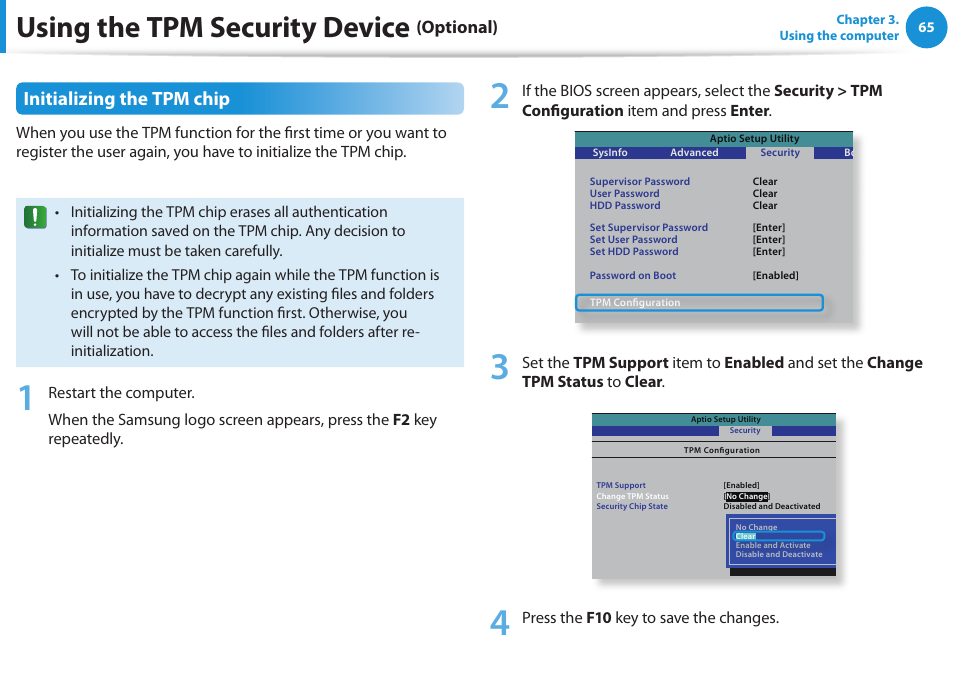 Using the tpm security device, Initializing the tpm chip, Optional) | Samsung NP355V5C-S01US User Manual | Page 66 / 140