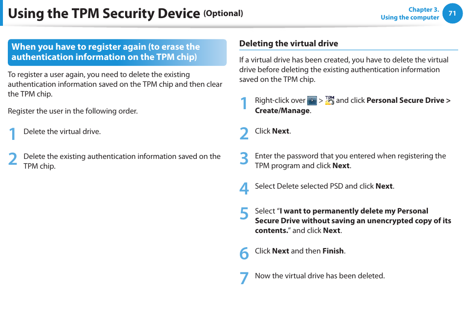 Using the tpm security device | Samsung NP355V5C-S01US User Manual | Page 72 / 140