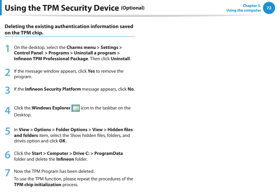 Using the tpm security device | Samsung NP355V5C-S01US User Manual | Page 73 / 140