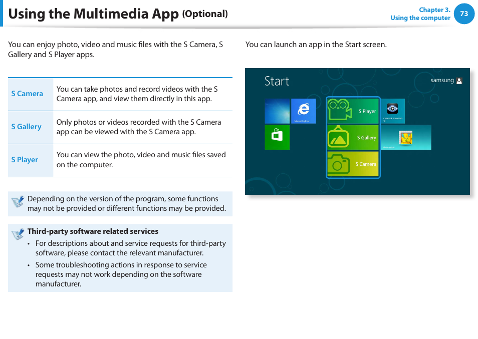 Using the multimedia app (optional), Using the multimedia app, Optional) | Samsung NP355V5C-S01US User Manual | Page 74 / 140