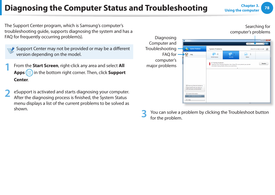 Diagnosing the computer status and troubleshooting, Diagnosing the computer status and, Troubleshooting | Samsung NP355V5C-S01US User Manual | Page 79 / 140