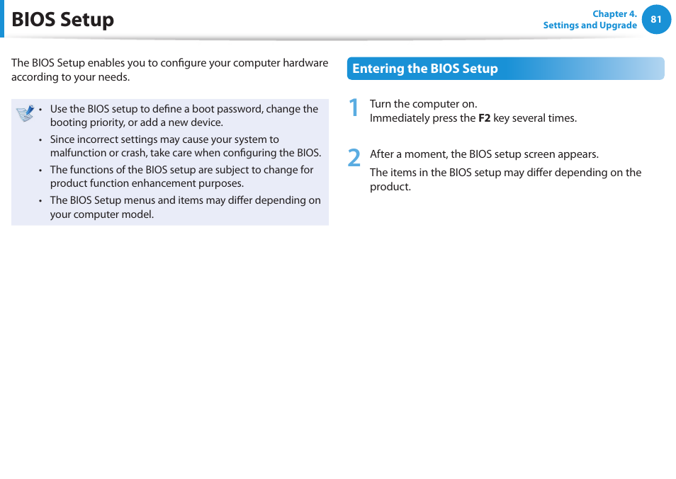 Bios setup | Samsung NP355V5C-S01US User Manual | Page 82 / 140
