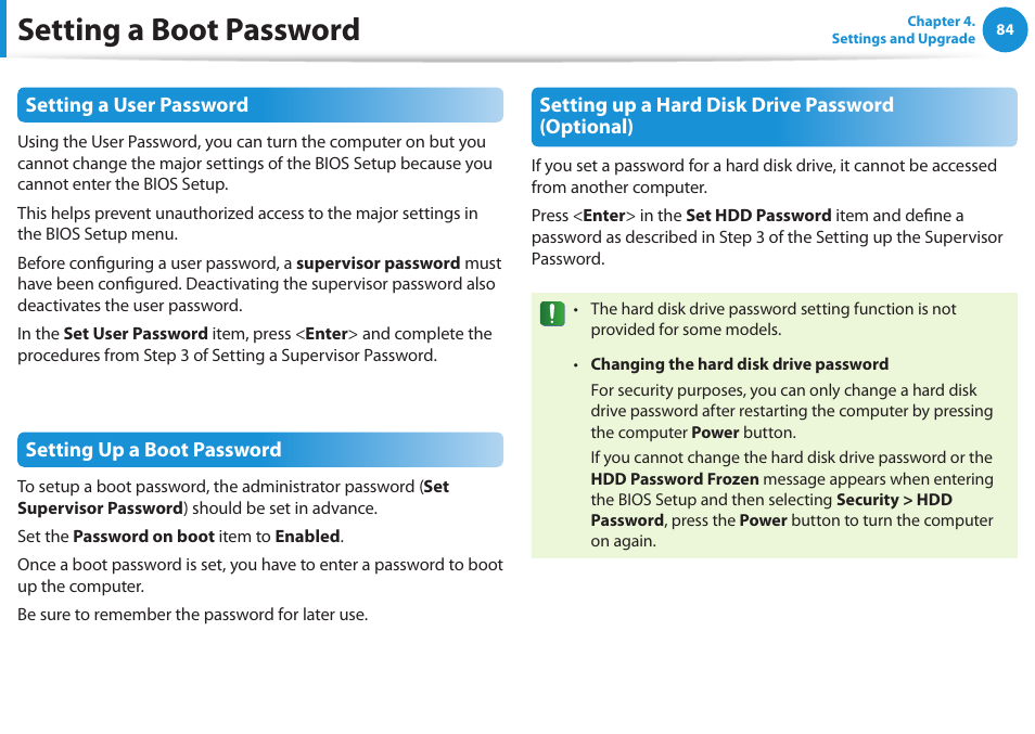 Setting a boot password | Samsung NP355V5C-S01US User Manual | Page 85 / 140