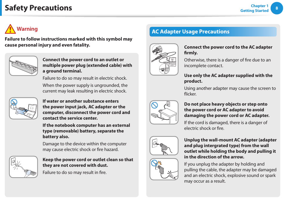 Safety precautions, Ac adapter usage precautions, Warning | Samsung NP355V5C-S01US User Manual | Page 9 / 140