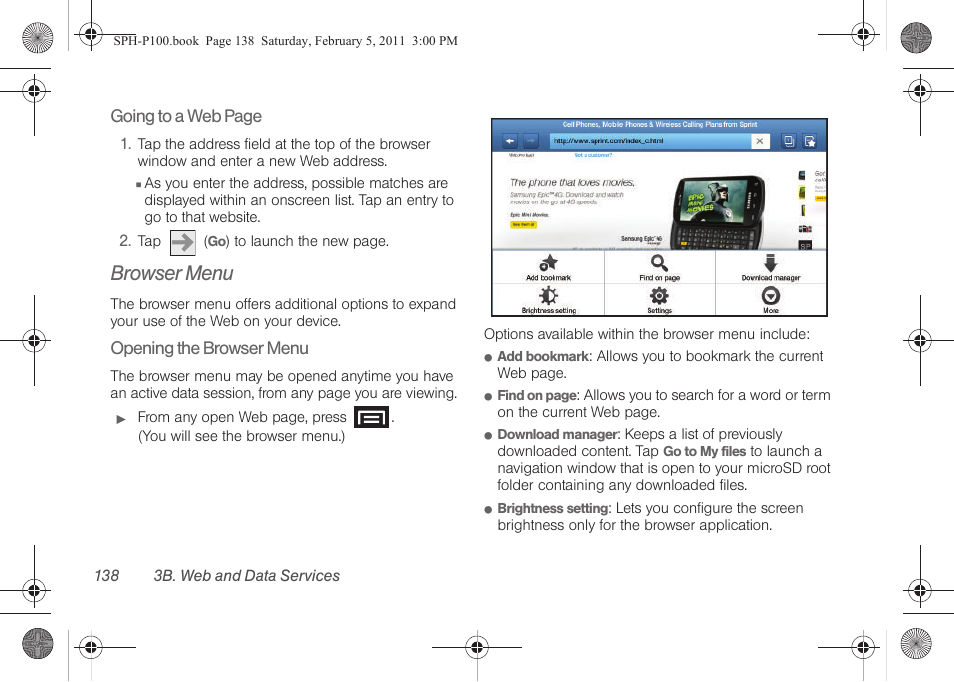 Browser menu | Samsung SPH-P100ZKASPR User Manual | Page 150 / 238