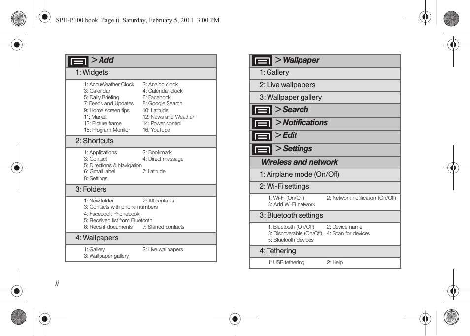 Wallpaper, Search > notifications, Edit > settings wireless and network | Samsung SPH-P100ZKASPR User Manual | Page 8 / 238