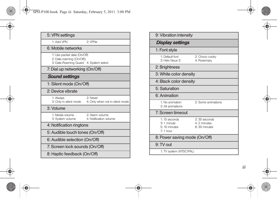 Sound settings, Display settings | Samsung SPH-P100ZKASPR User Manual | Page 9 / 238