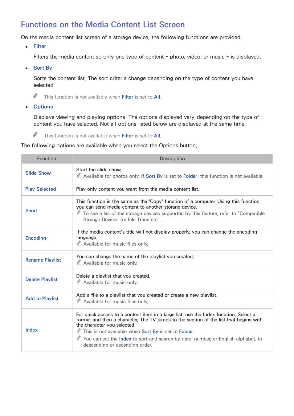 97 functions on the media content list screen, Functions on the media content list screen | Samsung UN55HU7200FXZA User Manual | Page 103 / 230