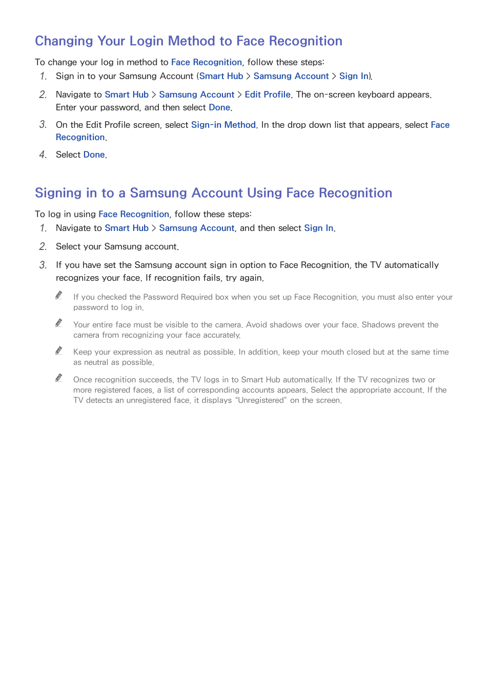 112 changing your login method to face recognition, Changing your login method to face recognition | Samsung UN55HU7200FXZA User Manual | Page 118 / 230