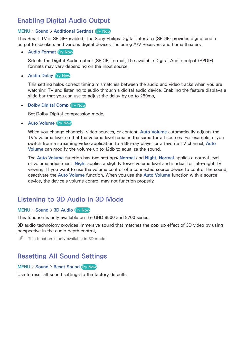 164 enabling digital audio output, 164 listening to 3d audio in 3d mode, 164 resetting all sound settings | Enabling digital audio output, Listening to 3d audio in 3d mode, Resetting all sound settings | Samsung UN55HU7200FXZA User Manual | Page 170 / 230