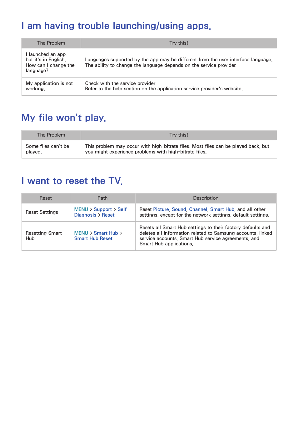 I am having trouble launching/using apps, My file won't play, I want to reset the tv | Samsung UN55HU7200FXZA User Manual | Page 198 / 230