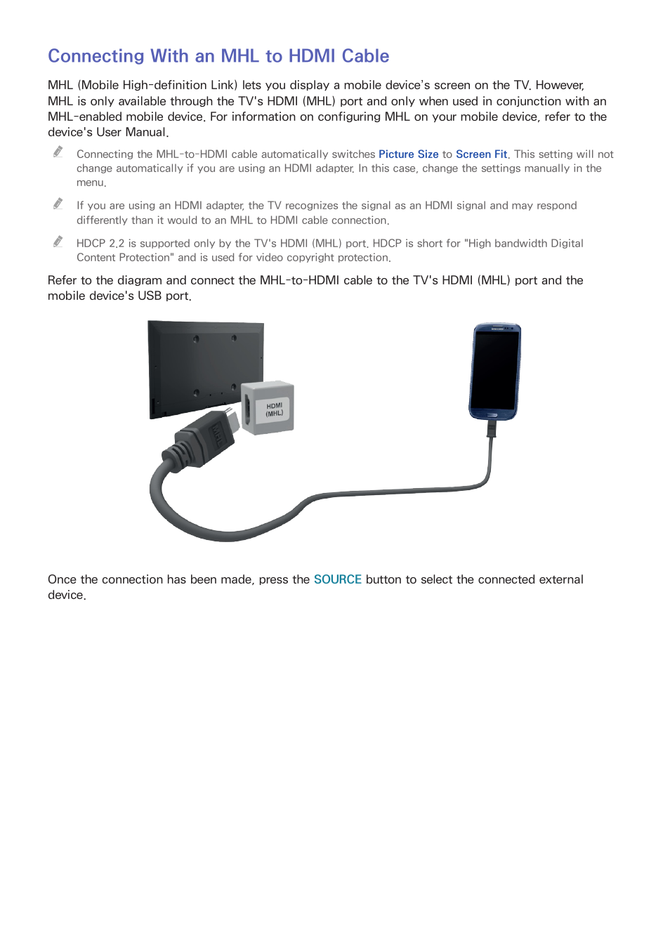 20 connecting with an mhl to hdmi cable, Connecting with an mhl to hdmi cable | Samsung UN55HU7200FXZA User Manual | Page 26 / 230