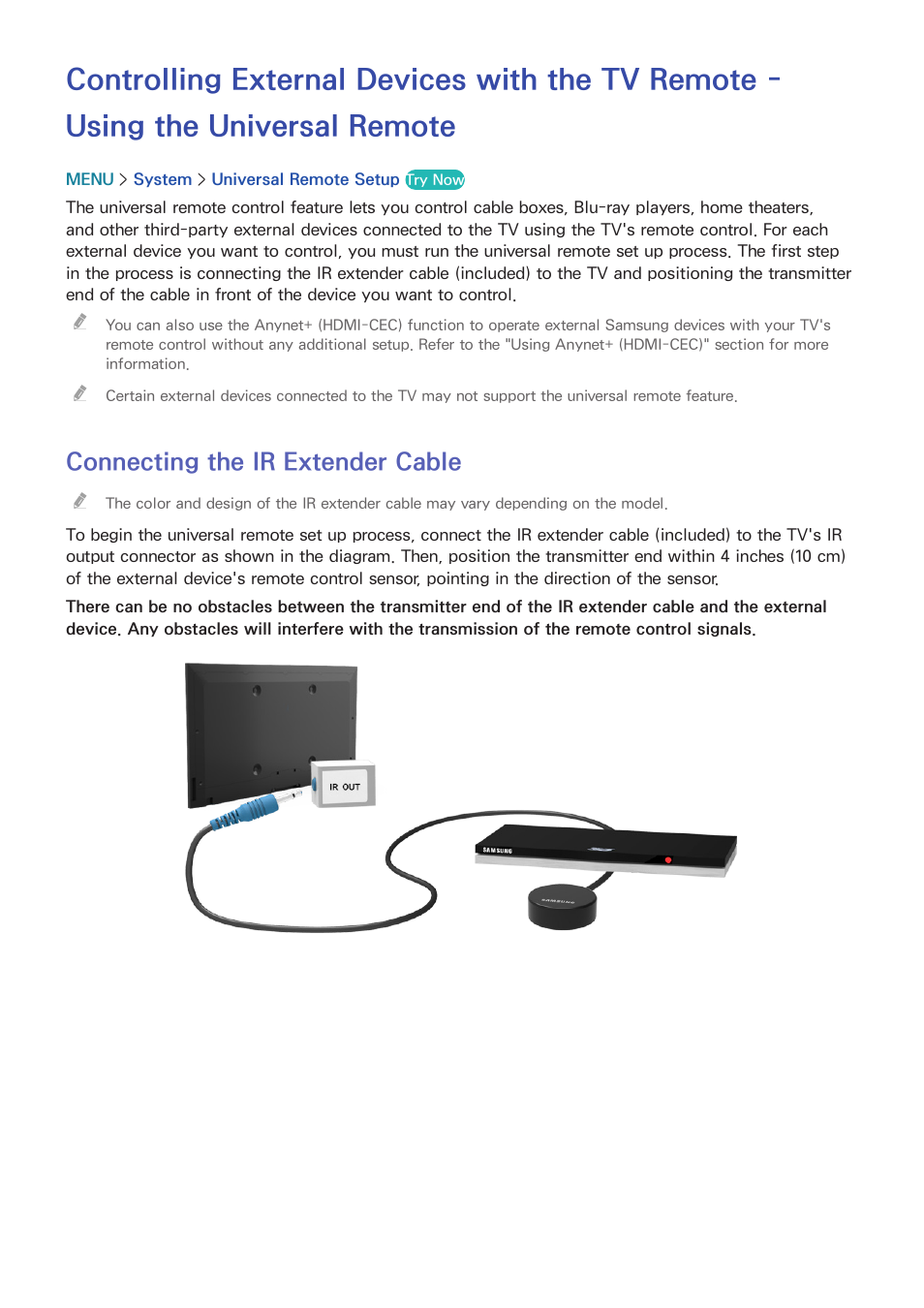 36 connecting the ir extender cable, Connecting the ir extender cable | Samsung UN55HU7200FXZA User Manual | Page 42 / 230