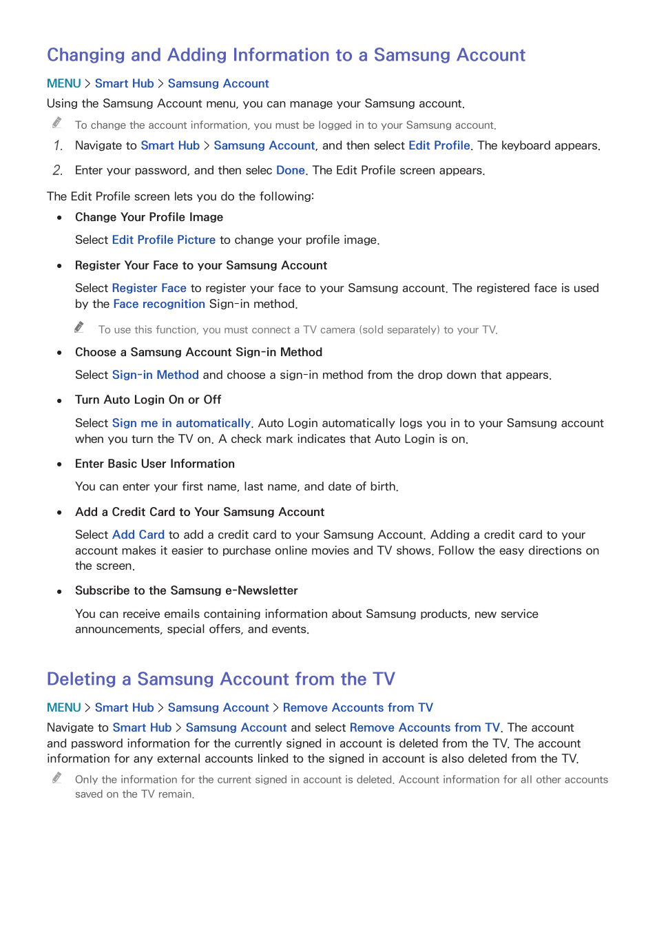 64 deleting a samsung account from the tv, Deleting a samsung account from the tv | Samsung UN55HU7200FXZA User Manual | Page 70 / 230