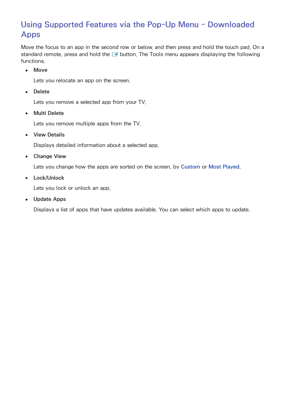 69 using supported features via the pop-up menu, Downloaded apps | Samsung UN55HU7200FXZA User Manual | Page 75 / 230